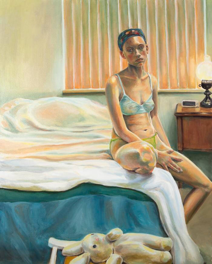 Painting of a woman, sitting on a bed, in only her underwear. Stuffed rabbit toy visible bottom of image, window and nightstand in the background.